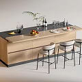 Bar Counter with Black Countertop Wood Cabinet Three White Bar Stools Fruits and Green Plant
