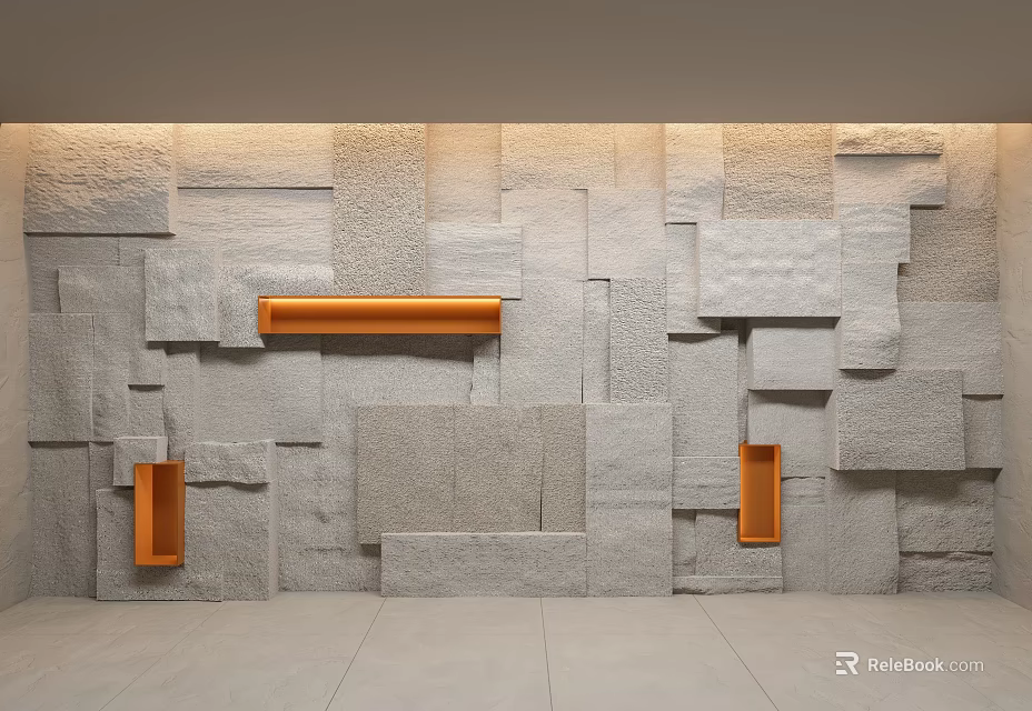 Gray Stone Background Wall Featuring Various Sizes Tiles And Orange Decorative Elements 3d model 