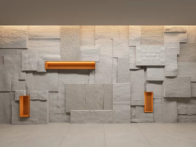 Gray Stone Background Wall Featuring Various Sizes Tiles And Orange Decorative Elements 3d model