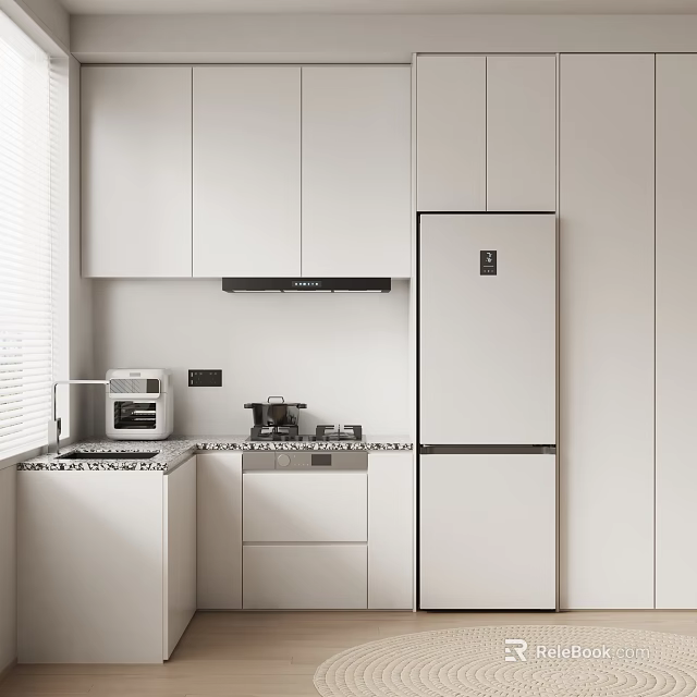 Modern Minimalist Kitchen Interior With White Cabinets Countertop Refrigerator And Appliances 3d model 