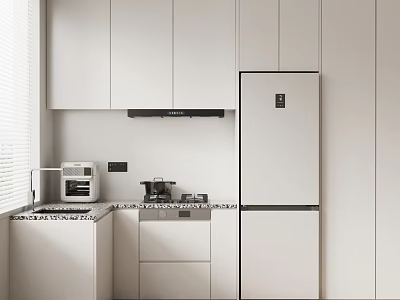 Modern Minimalist Kitchen Interior With White Cabinets Countertop Refrigerator And Appliances 3d model