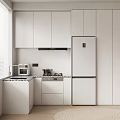Modern Minimalist Kitchen Interior With White Cabinets Countertop Refrigerator And Appliances