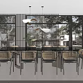 Modern Dining Table Set With Unique Pendant Lights Large Windows Green Plants And Bright Lighting