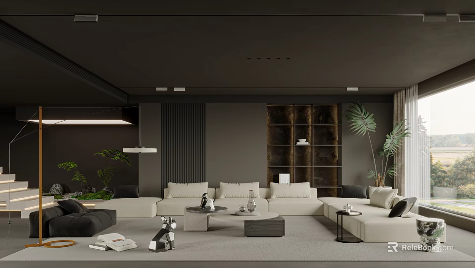 Modern Living Room Interior With Sofas Plants And Storage Cabinet 3d model