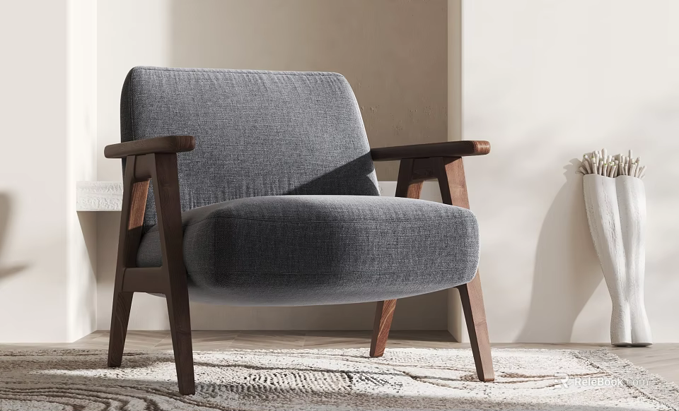 Gray Upholstered Accent Chair With Wooden Arms For Modern Living Room Interior 3d model 