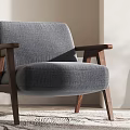 Gray Upholstered Accent Chair With Wooden Arms For Modern Living Room Interior