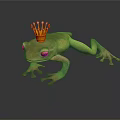 Green Frog Wearing Golden Crown With Red Gemstones On Dark Surface