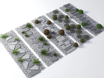 Different Garden Path Designs With Stone Slabs Gravel And Small Shrubs 3d model