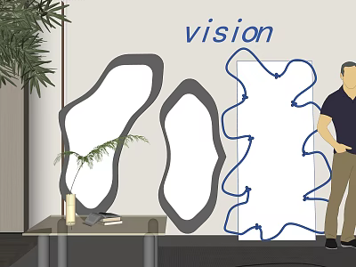 Vision Inspired Artistic Shaped Mirrors In Modern Interior With Potted Plant And Decor 3d model