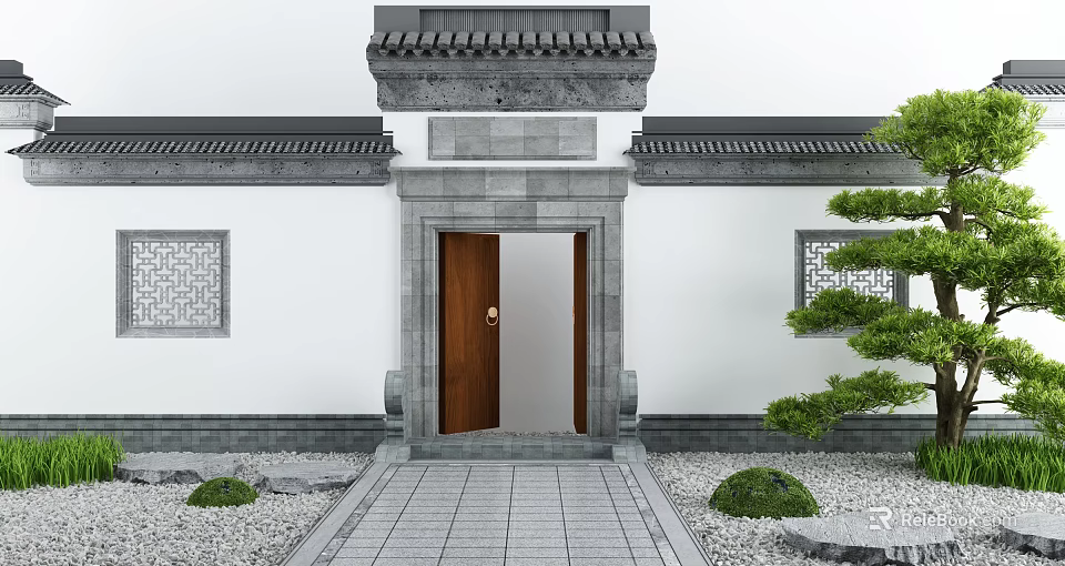 Traditional Chinese Entrance Gate With Gray Brick Walls Tile Roof Wooden Door And Stone Pathway 3d model 