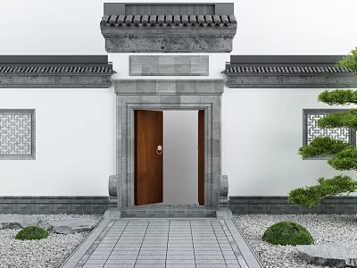 Traditional Chinese Entrance Gate With Gray Brick Walls Tile Roof Wooden Door And Stone Pathway 3d model