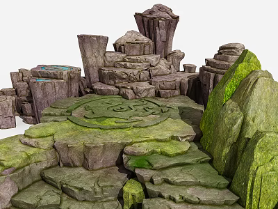 Natural Garden Ornament With Moss Covered Rocks And Carved Circular Pattern 3d model