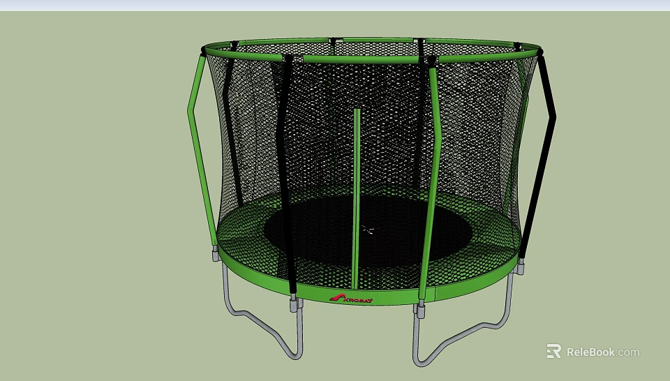 Circular Outdoor Trampoline with Green Frame Black Safety Net and Sturdy Legs 3d model 