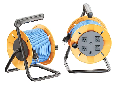 Industrial Cable Reels With Yellow Blue Cords Stands Handles And Power Outlets 3d model