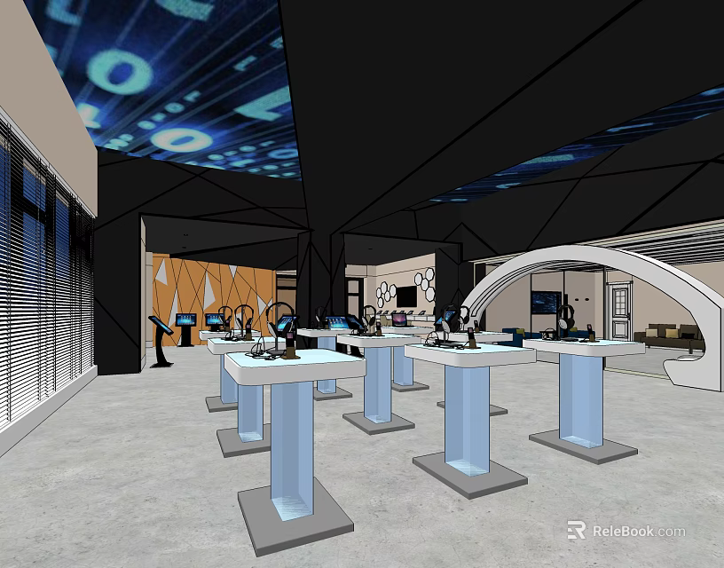 Modern Digital Store Interior With White Display Tables And Tech Gadgets On Show 3d model 