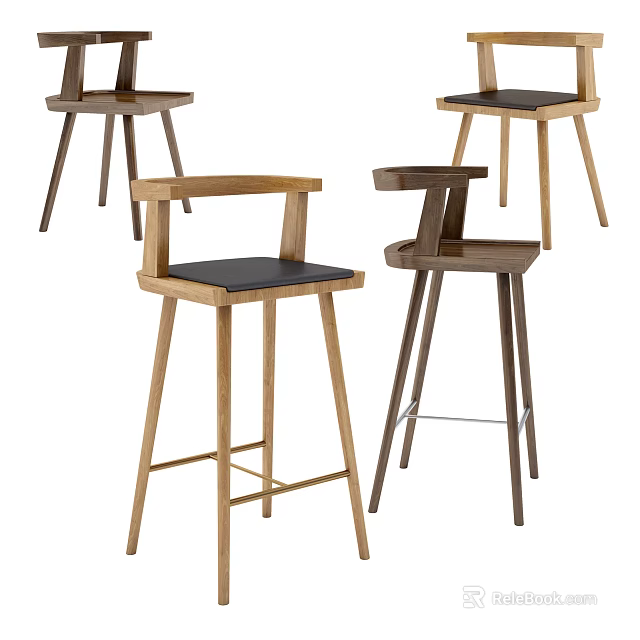 Modern Wooden Frame Bar Stools With Black Seats And Minimalist High Back Design 3d model 