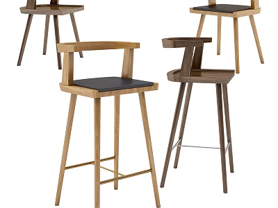 Modern Wooden Frame Bar Stools With Black Seats And Minimalist High Back Design 3d model