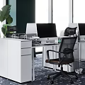 Modern Public Office Space With White Desks Black Chairs Multiple Computers And Natural Light