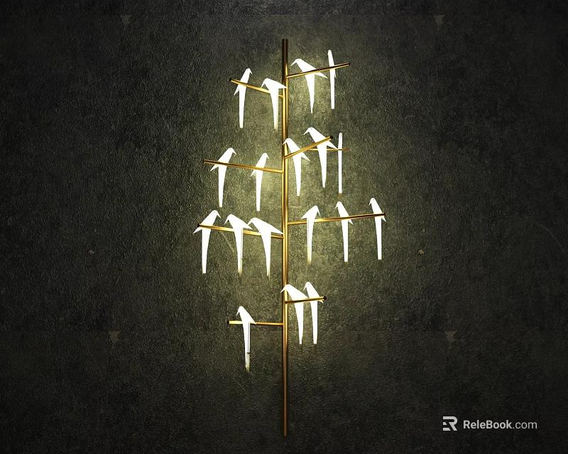 Modern Artistic Floor Lamp with Multiple Bird Shaped Light Arms Glowing Brightly Against Dark Wall 3d model 