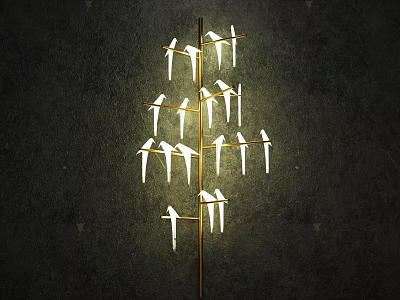Modern Artistic Floor Lamp with Multiple Bird Shaped Light Arms Glowing Brightly Against Dark Wall 3d model