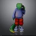 Cartoon Green Crocodile Wearing Blue Sweater Red Pants And Blue Sneakers Holding Black Phone