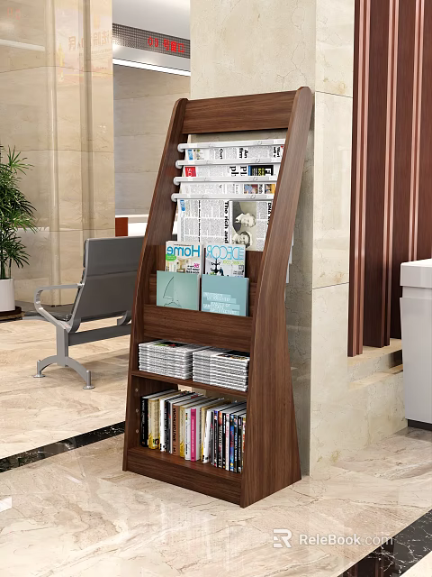 Modern Wooden Display Rack With Magazines And Books In Lobby Waiting Area 3d model 