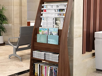 Modern Wooden Display Rack With Magazines And Books In Lobby Waiting Area 3d model