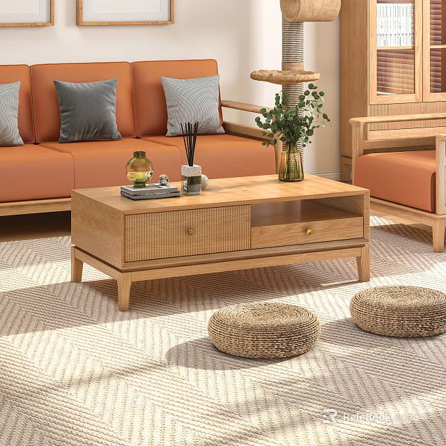 Natural Wooden Coffee Table With Drawers Decorative Items And Wicker Stools In Cozy Living Room 3d model 