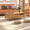 Natural Wooden Coffee Table With Drawers Decorative Items And Wicker Stools In Cozy Living Room