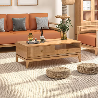 Natural Wooden Coffee Table With Drawers Decorative Items And Wicker Stools In Cozy Living Room 3d model
