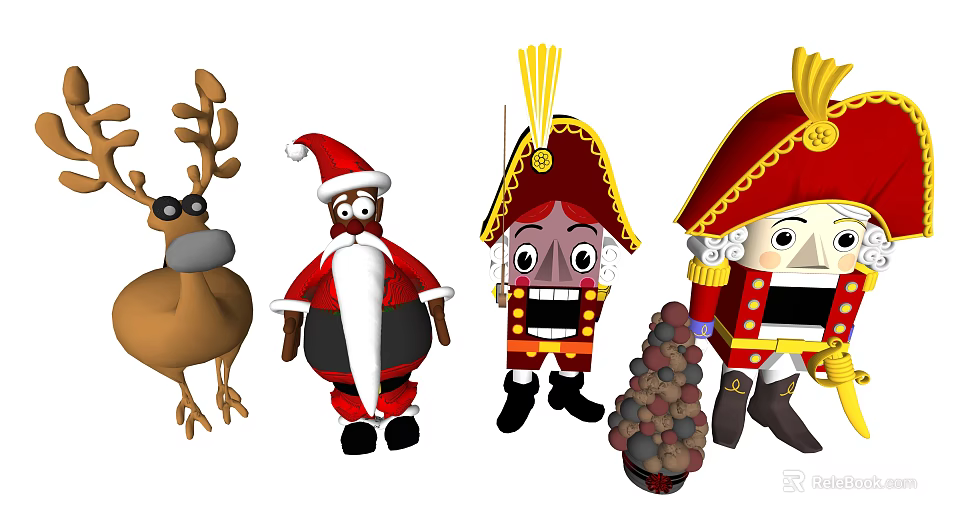 Christmas Decorative Ornament Set with Reindeer Santa Claus Nutcracker and Pine Cones 3d model 