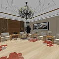 Hotel Public Lounge Area With Comfortable Sofas Chandelier And Decorative Paintings