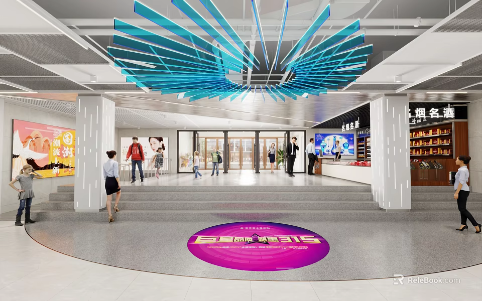Shopping Mall Lobby With Blue Fan Shaped Ceiling Decoration Purple Circular Logo And People Walking 3d model 