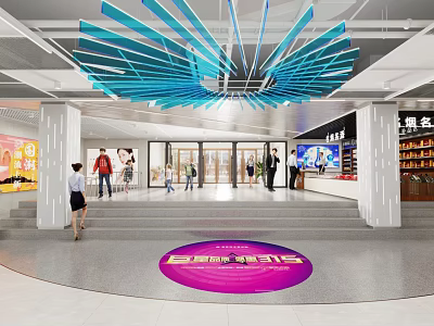 Shopping Mall Lobby With Blue Fan Shaped Ceiling Decoration Purple Circular Logo And People Walking 3d model
