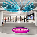 Shopping Mall Lobby With Blue Fan Shaped Ceiling Decoration Purple Circular Logo And People Walking