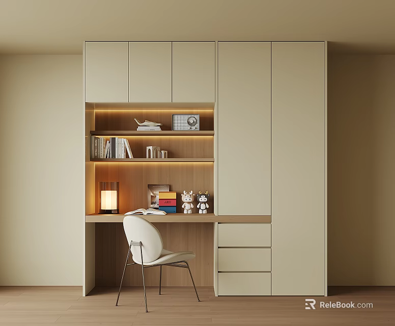 Contemporary Desk Interior With Beige Cabinets Open Shelf Lighting Books White Chair And Wooden Drawers 3d model 