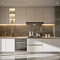 Modern Kitchen Interior With White Cabinets Marble Countertop Window Blinds And Decorative Plant