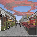 Vibrant Commercial Street Featuring Brick Building No.18 Canopy Red Slide Pedestrians and Parked Cars