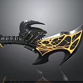 Ornate Double Bladed Battle Axe With Black Yellow Color Scheme Intricate Patterns And Metallic Handle