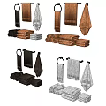 Towel Collection Featuring Various Colors and Styles Brown Black Gray Hanging and Folded Designs