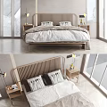 Modern Bedroom Double Bed Wooden Vertical Striped Headboard Light Sheets Nightstands Lamps Snowy Mountain View
