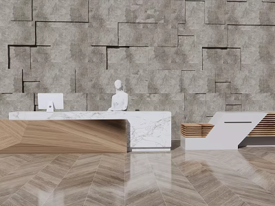 Elegant Modern Reception Desk Interior With Marble Top Wooden Panel And Stone Wall Background 3d model