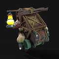 Game Character Pushing Cart With Red Spotted Mushroom Hat Green Coat And Lantern