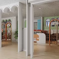 Kindergarten Interior With Little Self-service Bank Arched Design Tables Chairs And Plants