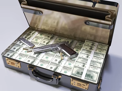 Open Suitcase Filled With Stacks Of US Dollars A Pistol And Bullets 3d model