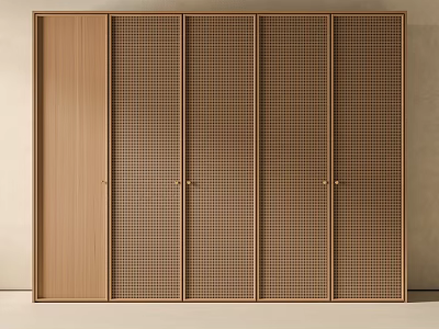 Modern Wooden Wardrobe With Grid Pattern Doors And Multiple Panel Design 3d model
