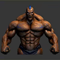 Muscular Game And Movie Character With Orange Skin Blue Patterns Spiked Head And Fierce Expression