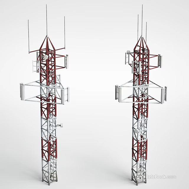 Industrial Communication Towers With Red And Silver Metal Frames And Antennas 3d model 