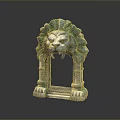 Decorative Lion Head Stone Arch Sculpture With Green Accents And Steps In Landscape
