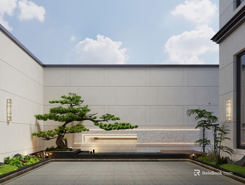 Tranquil Courtyard Garden With White Walls Pine Tree Water Feature And Paved Floor 3d model 